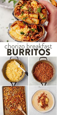 the different types of breakfast burritos are shown in this collage with text overlay