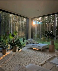 a living room filled with lots of windows and furniture next to a large white rug