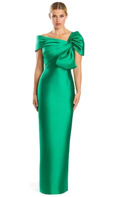 Alexander by Daymor 1885F23 - Off-Shoulder Bow Accented Evening Dress – Couture Candy Green Evening Dress With Asymmetrical Neckline, Green Asymmetrical Neckline Evening Dress, Green Off-shoulder Formal Gown, Elegant Off-shoulder Gown With Ruched Bodice, Elegant Off-shoulder Gown With Pleated Bodice, Entourage Gowns, Masculine Outfits, Emerald Forest, Couture Evening Dress