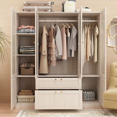 an open closet with clothes hanging on the shelves, and a chair next to it