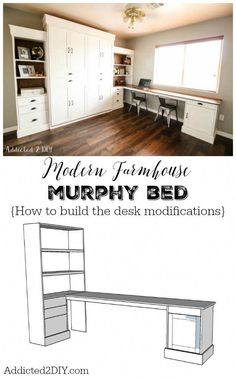 an image of a room with furniture and the words modern farmhouse murphy bed how to build the desk modifications