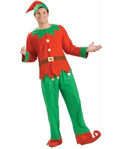 a man dressed in an elf costume standing with his hands out and smiling at the camera