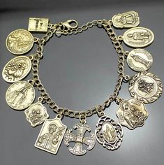 Assembly of Saints Bracelet of Medals Sacred Jewelry, Faith Jewelry, Catholic Jewelry, Silver Plated Jewelry, Religious Jewelry, Bangles Jewelry, Vintage Bracelets, Our Lady, Cross Pendant