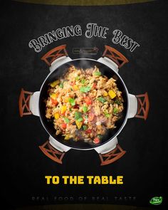 an advertisement for a restaurant with rice and vegetables in a frying pan on the table