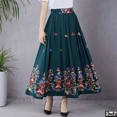 Fisdy - Embroidered A-line Skirt with High Waist, Cotton Linen Blend and Flowy Silhouette Elegant Midi Skirt, Skirts Midi High Waisted, Winter Skirt, Red Skirts, Daily Dress, Blue Skirt, Green Skirt, Lace Mini Dress, Types Of Skirts