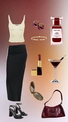 Classy jazz bar outfit. Black midi skirt, white sparkle tank, and pops of red. Jazz Restaurant Outfit, What To Wear To A Jazz Club, Jazz Bar Outfit Aesthetic, Jazz Club Aesthetic Outfit, Classy Bar Outfit, Club Outfits Classy, Bar Night Outfit, Jazz Restaurant