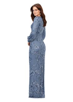 This ultra chic v-neck gown features an ornate bead pattern throughout, and carries onto the bishop sleeves. The full zipper high back, and center back vent completes the look. Formal Beaded V-neck Evening Dress, Elegant Long Sleeve Beaded Evening Dress, Long Sleeve Beaded Formal Dress, Beaded Long Sleeve Evening Dress, Ashley Lauren, Allure Couture, Beaded Evening Gowns, Evening Gowns With Sleeves, Sheath Gown