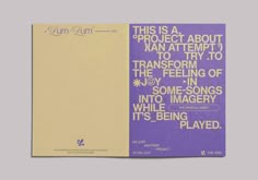 the front and back cover of an album, with text in white on purple paper