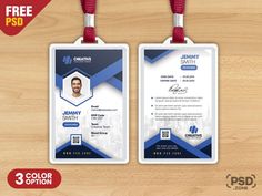 two id card templates with red and blue lanyard on wood background, front and back side