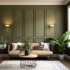 a living room with green walls and white rug on the floor, potted plant in front of couch