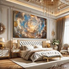 a bedroom with a large painting on the wall