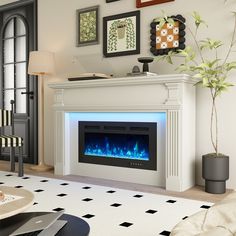 a living room with a fire place in the center and pictures on the wall above it