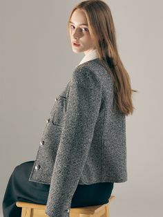 Editor's Notes Soft and structured, this tweed jacket features tailored silhouette in slim fit. It is accentuated with classic check pattern and silver button fastenings. - Wool and alpaca blend tweed fabric- Fitted design for feminine mood- Collarless silhouette- Luxurious and chic feelMeasurements(in.)Size (S/M)- Length: 21.65 in / 22.05 in - Shoulder: 15.75 in / 16.54 in - Bust: 18.11 in / 19.09 in - Hem: 18.70 in / 19.69 in - Sleeve length: 23.62 in / 24.02 in - Sleeve width: 6.89 in / 7.09 in * Model info: Height 5' 8 / Height 5' 9Composition & Care- 40% Wool, 9% Rayon, 7% Nylon, 3% Alpaca, 3% Acrylic, 38% Other / Lining: 100% Polyester - Dry Cleaning only Designer- by AVA MOLLI Tweet Jacket, Silver Button, Tweed Fabric, Silver Buttons, Check Pattern, Tweed Jacket, Alpaca, Slim Fit, Sleeve Length