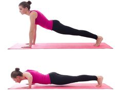 a woman doing a plank exercise on a pink mat