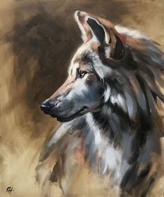 an oil painting of a wolf on a brown background