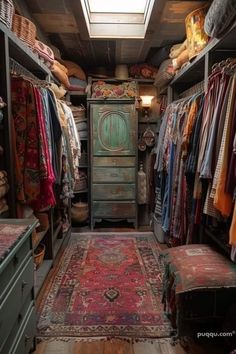 a closet with lots of clothes and rugs