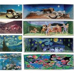 six different paintings of people and animals in the night sky, with one person holding an umbrella