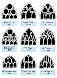 the different types of stained glass windows with names and numbers in each window, which are black and white