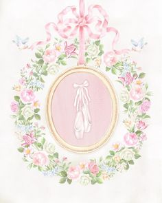 a pink ballerina ornament hanging on a wall with flowers and butterflies around it