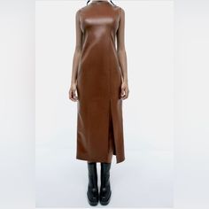 New&Tags C144 Leather Midi Dress For Night Out, Chic Fitted Brown Midi Dress, Chic Brown Fitted Midi Dress, Leather Dresses For Winter Night Out, Fitted Brown Faux Leather Dress, Sleek Leather Dress For Fall, Brown Fitted Faux Leather Dress, Sleek Faux Leather Dresses For Fall, Leather Midi Dress For Fall