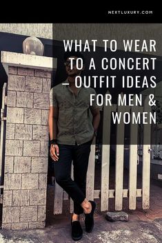 a man leaning against a brick wall with the words what to wear to an event, outfit ideas for men and women