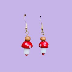 Handmade Mushroom Charm Earrings Red & Gold Tone New Glass Bead Mushrooms Wooden Brown Beads Gold Tone Metal Juicy Couture Earrings, Alexis Bittar Earrings, Hello Kitty Earrings, Grunge Fairycore, White Flower Earring, Feather Decor, Fairy Grunge, Daisy Earrings, Red Gemstones