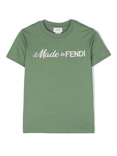 Moss green cotton T-shirt, jersey texture, crew neck, short sleeves, embroidered logo at the chest, straight hemComposition: Cotton, 100% Fendi Kids, Stylish Logo, Zegna Shoes, Kenzo Kids, Saint Laurent Shoes, Kids Logo, Stella Mccartney Kids, Kids T Shirts, Luxury Shop