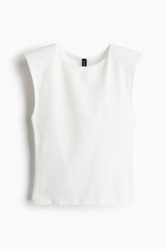 Fitted tank top in stretch jersey. Round neckline and shoulder pads. White Fitted Top With Tank Straps, Fitted White Top With Tank Straps, Chic Summer Tops With Structured Shoulders, Fitted Summer Muscle Tee Tank, Chic Tank Top For Work, Chic Workwear Tops With Tank Straps, Fitted Tank Muscle Tee For Summer, Fitted Summer Tank Muscle Tee, Chic Tank Strap Tops For Work