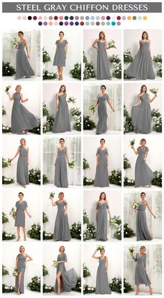 a collage of photos showing how to wear grey chiffon dresses