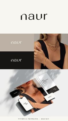 the logo for naur is shown in three different colors and font styles, including black, white, gold, and silver