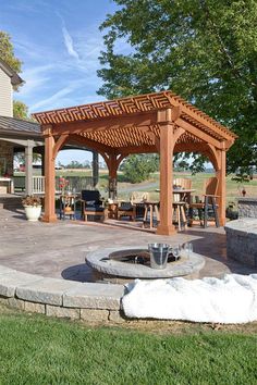 an outdoor patio with a fire pit and seating area