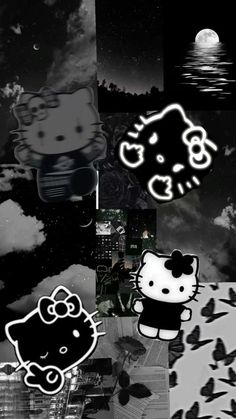 some black and white pictures with hello kitty stickers on them in the night sky