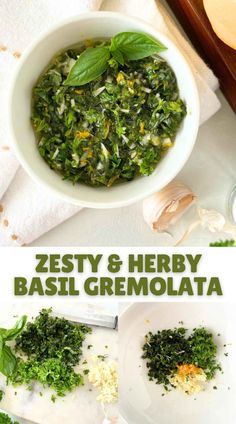 the ingredients for pesto and herb basil gremolata are shown in separate bowls