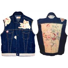 two denim vests with flowers on them and one has a flower embroidered on the back