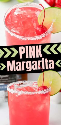 two pink margaritas sitting on top of a table