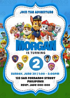 the paw patrol birthday party is set up in this blue and white frame with an image of