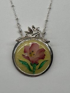 Beautiful pink hibiscus flower blossom set in yellow.  Bezel set in fine silver with a sterling silver beaded chain Yellow Sterling Silver Flower Jewelry, Yellow Enamel Flower Shaped Jewelry, Yellow Flower-shaped Enamel Jewelry, Hand Painted Sterling Silver Necklace, Silver Enamel Flower Pendant Jewelry, Hand Painted Silver Flower Jewelry, Pink Hibiscus Flower, Pink Hibiscus, Flower Yellow