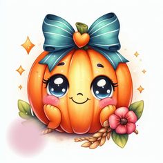 a cartoon pumpkin with a bow on it's head and flowers around its neck