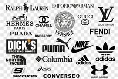 many different logos are shown in black and white, including the logo for various brands