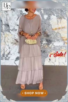 Artistic Style Loose Dress Grey Chiffon Dress, Boho Chiffon Dress, Chiffon Long Dress, Luxurious Dresses, Tiered Midi Skirt, Chiffon Fashion, Artistic Style, فستان سهرة, Half Sleeve Dresses