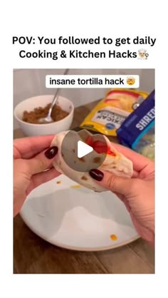 someone is holding a spoon over a plate with food on it and the caption reads pov you followed to get daily cooking & kitchen hacks