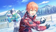 two anime characters standing in the snow with one holding his hand out and another looking at him