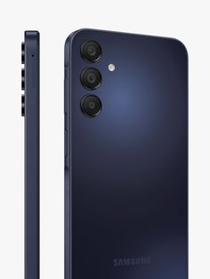 the back and side view of a blue samsung phone with an extended camera lens on it