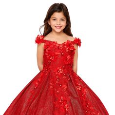 Prepare To Make Your Child's Dreams Come True With This Extraordinary Gown. The Ball Gown Silhouette Exudes Grace And Enchantment, Making It The Perfect Choice For Formal Events, Weddings, And Special Occasions Where You Want Your Child To Shine And Feel Like A True Princess. Length: Long Color: Red Neckline: Sweetheart Silhouette: Ball Gown Sleeve: Off Shoulder Sleeves Back: Lace Up Skirt: Layered Embellishments: Floral Applique, Rhinestones Dry Clean Occasions: Birthday / Party / New Year / Ba Gown For Kids, Gown Silhouette, Lace Up Back Dress, Off Shoulder Sleeves, Party New Year, Formal Ball Gown, Kids Gown, Glamorous Dresses, Gowns With Sleeves