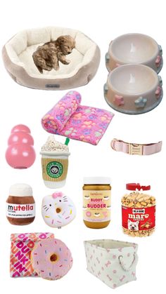 there are many items that can be found in the dog's bed and bowl