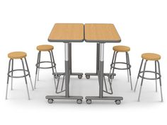 a table with four stools and three tables on each side, in front of a white background