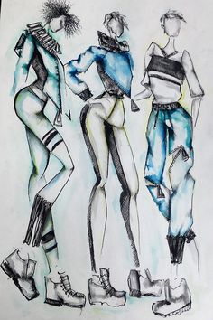 three women in different outfits standing next to each other on a piece of white paper