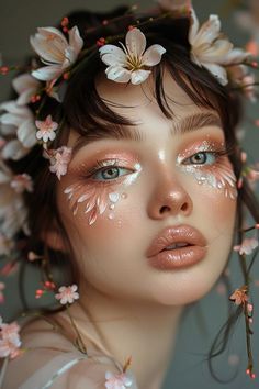 Spring Makeup Photoshoot, Watery Makeup Look, Nature Inspired Makeup Looks, Floral Makeup Ideas, Spring Themed Makeup, Spring Inspired Makeup, Pastel Grunge Makeup, Garden Fairy Makeup Ideas, Spring Eye Makeup Looks