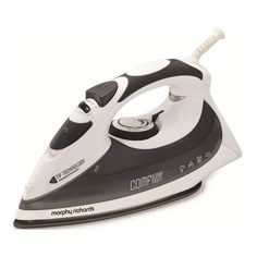 a black and white steam iron on a white background