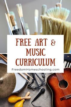 the words free art and music curioum surrounded by various instruments